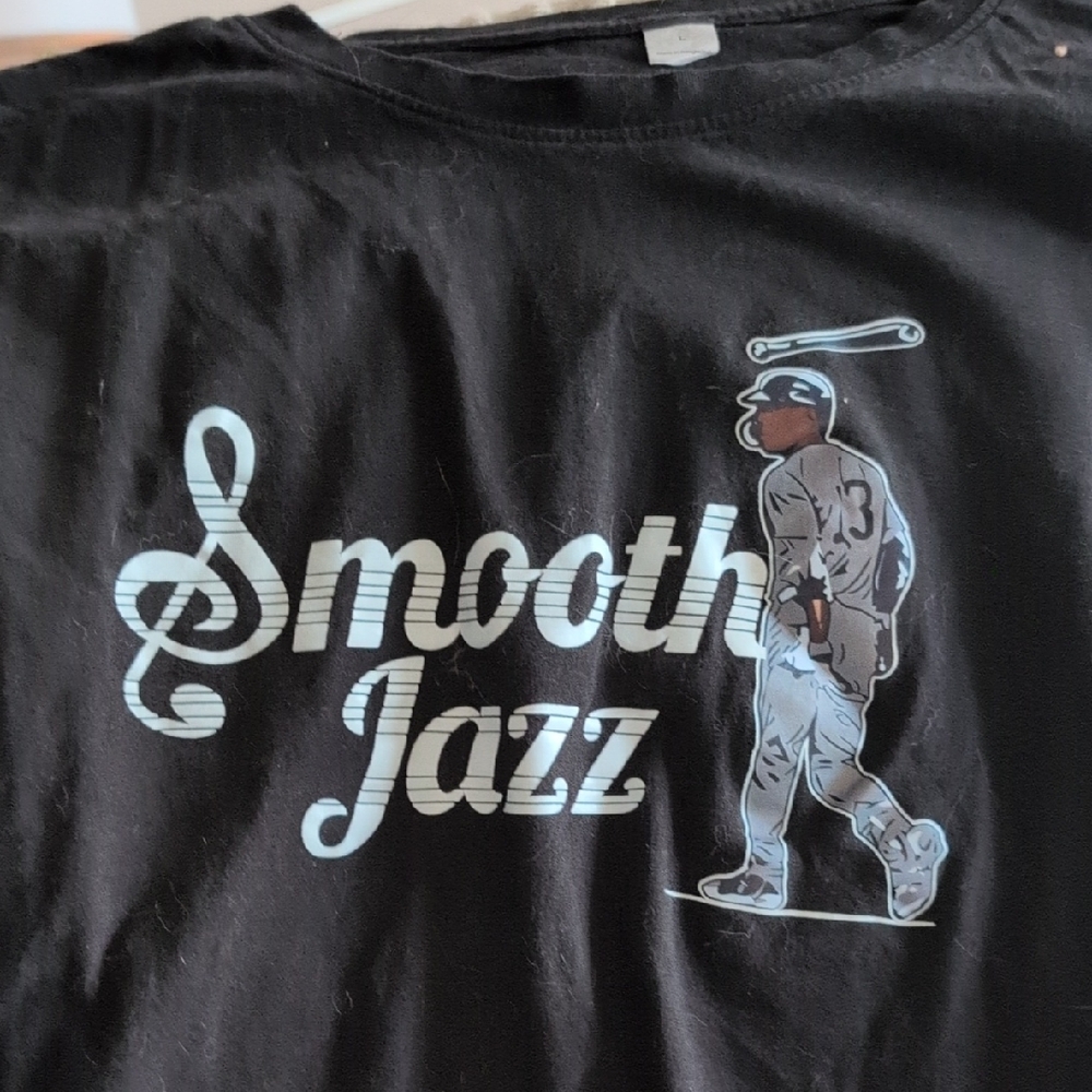 Smooth Jazz Graphic Tee — Black with Light Blue Print